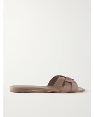 Saint Laurent Tribute Woven Patent-Leather Slides - Natural