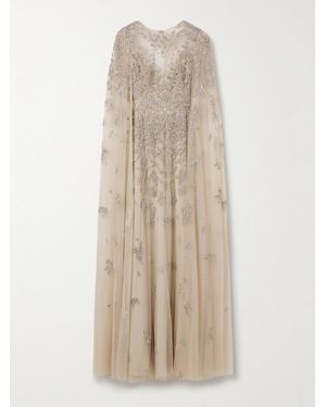 Zuhair Murad Freya Draped Embellished Tulle Gown - Natural