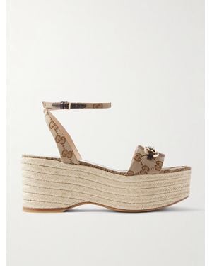 Gucci Sandales Compensées En Toile Jacquard À Finitions En Cuir Lady Horsebit - Neutre