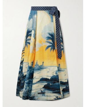 CAMILLA Embellished Printed Linen And Silk-Blend Maxi Wrap Skirt - Blue