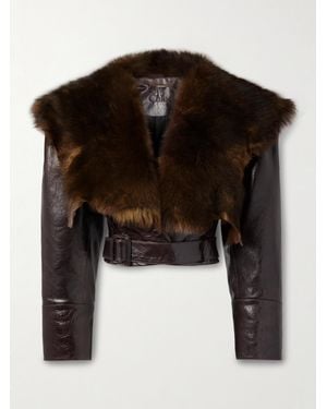 Chloé Cropped Belted Shearling-Trimmed Glossed-Leather Jacket - Black