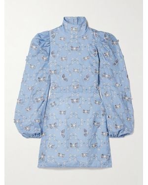 Agua Bendita Guaba Lymanopoda Appliquéd Printed Linen Turtleneck Mini Dress - Blue