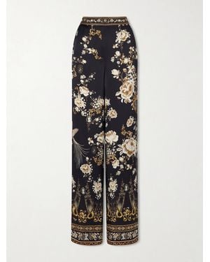 CAMILLA Embellished Embroidered Printed Silk-Satin Trousers - Black