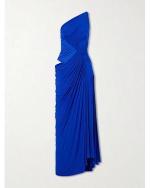 Alex Perry One-Shoulder Gathered Mesh And Jersey Gown - Blue