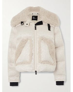 Moncler Stowe Appliquéd Shearling-Trimmed Metallic Tweed Down Jacket - Natural
