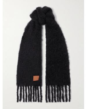 Loewe Fringed Appliquéd Leather-Trimmed Brushed Mohair-Blend Scarf - Schwarz