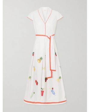 Loretta Caponi Giardino Belted Embroidered Cotton-Poplin Dress - White