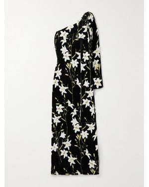 BERNADETTE Nel Bow-Detailed One-Sleeve Floral-Print Velvet Gown - White