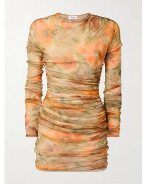Saint Laurent Ruched Floral-Print Tulle Mini Dress - Orange