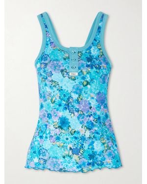 Chloé Floral-Print Stretch-Cotton Tank - Blue