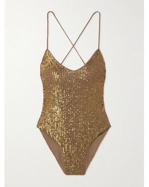 Norma Kamali Fara Open-Back Sequined Mesh Bodysuit - Natural