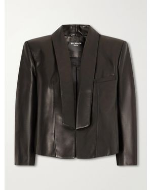 Balmain Cropped Leather Biker Jacket - Black