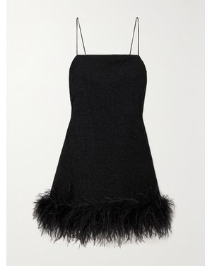 Oséree Lumière Feather-trimmed Metallic Stretch-knit Mini Dress - Black