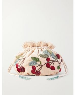 BERNADETTE Round Bag Bead-Embellished Embroidered Lace-Trimmed Velvet Clutch - Pink