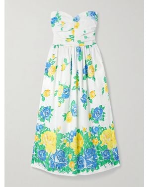 Loretta Caponi Desideria Strapless Floral-Print Cotton-Voile Midi Dress - Blue