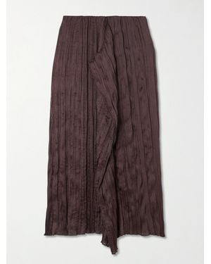 STAUD Mai Draped Plissé-Satin Midi Skirt - Brown