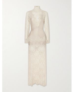 Rabanne Lace-Trimmed Silk-Satin Maxi Dress - White