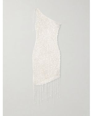 Clio Peppiatt Naia Asymmetric Embellished Open-Knit Cotton Mini Dress - White
