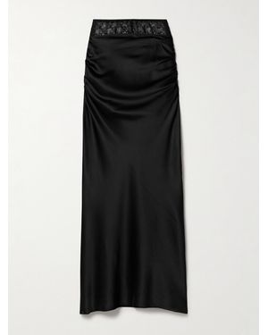 Kiki de Montparnasse Embroidered Tulle-Trimmed Ruched Silk-Blend Satin Maxi Skirt - Black