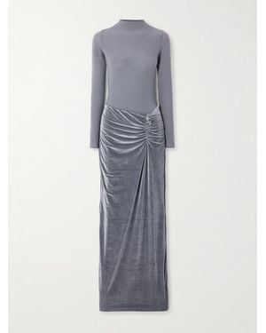 Maygel Coronel Borelli Appliquéd Gathered Open-Back Jersey-Trimmed Velvet Maxi Dress - Grey