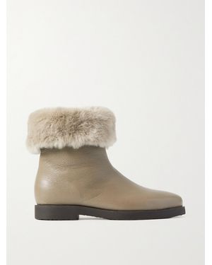 TOTEME Net Sustain The Off-Duty Faux Fur-Trimmed Textured-Leather Ankle Boots - Natural