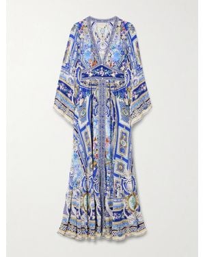 CAMILLA Maxikleid Aus Bedrucktem Seidenchiffon Mit Raffungen Und Kristallen - Blau