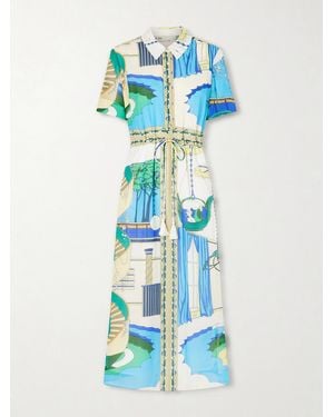 Tory Burch Belted Printed Silk And Cotton-Blend Maxi Dress - Blue