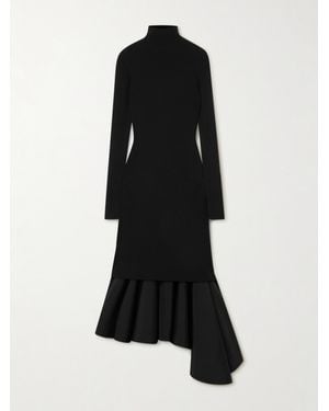 Bottega Veneta Asymmetric Satin-Trimmed Ribbed-Knit Turtleneck Midi Dress - Black