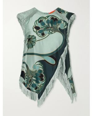 La DoubleJ Fringed Printed Silk-Satin Blouse - Green
