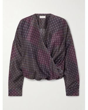 Dries Van Noten Bluse Aus Bedruckter Habutai-Seide Mit Wickeleffekt Und Falten - Lila
