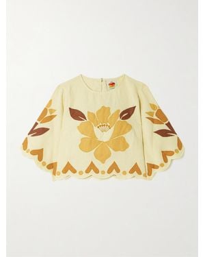 FARM Rio Summer Cropped Scalloped Appliquéd Linen Top - Metallic