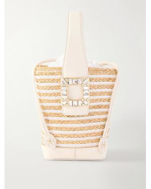 Roger Vivier Viv' Skate Embellished Leather-Trimmed Striped Woven Raffia Clutch - Natural
