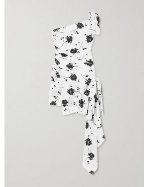 Alessandra Rich Asymmetrisches Minikleid Aus Seide Mit Blumenprint, Raffungen Und Schleife - Weiß