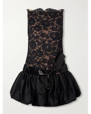 Self-Portrait Sequined-Trimmed Satin And Lace Mini Dress - Black