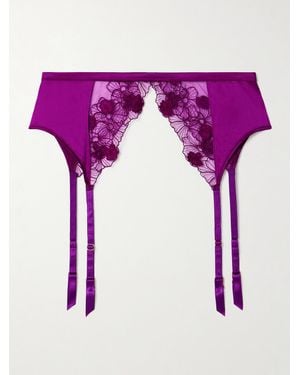 Kiki de Montparnasse Silk-Blend Satin And Appliquéd Embroidered Tulle Suspender Belt - Purple