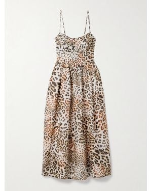 Cara Cara Alba Gathered Leopard-Print Linen And Silk-Blend Organza Midi Dress - Natural