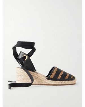 Ferragamo Zanta Zebra 70 Leather-Trimmed Woven Raffia Espadrillas Wedge - Black