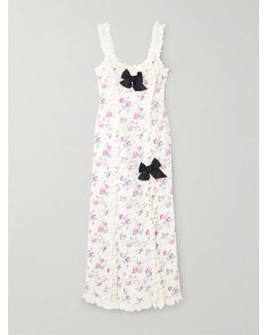 Alessandra Rich Bow-Detailed Taffeta-Trimmed Ruffled Floral-Print Silk Crepe De Chine Midi Dress - White