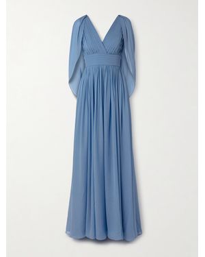 Elie Saab Cape-Effect Pleated Silk-Georgette Gown - Blue