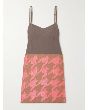 Dries Van Noten Robe Midi En Crêpe De Chine À Sequins Et À Motif Pied-De-Coq - Marron