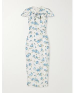 Alessandra Rich Belted Floral-Print Ruffle-Trim Silk-Crepe Midi Dress - Blue