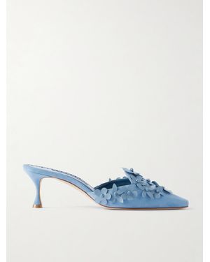 Manolo Blahnik Harnes 50 Appliquéd Suede Mules - Blue