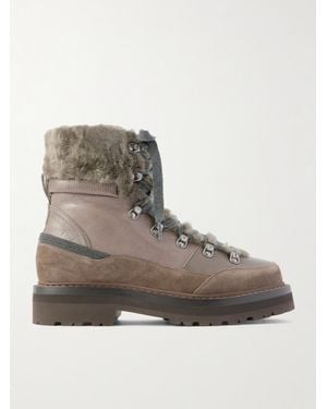 Brunello Cucinelli Bead-Embellished Shearling-Trimmed Leather Ankle Boots - Gray