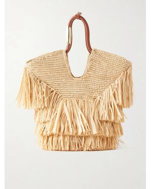 Zimmermann Goldentime Small Leather-Trimmed Fringed Raffia Tote - Natural