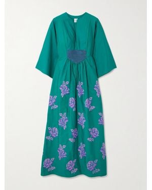 Loretta Caponi Sassetta Maxikleid Aus Baumwollpopeline Mit Stickereien - Blau