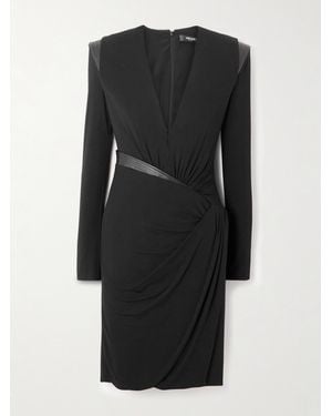 Versace Wrap-Effect Leather-Trimmed Stretch-Jersey Dress - Black