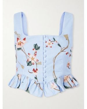 Agua Bendita Eslabón Navegante Floral-Embroidered Linen Cropped Top - Blue