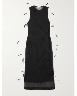 Jil Sander Feather-Embellished Layered Knitted-Silk Midi Dress - Black