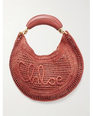 Chloé Summer Banana Leather-Trimmed Embroidered Raffia Tote
