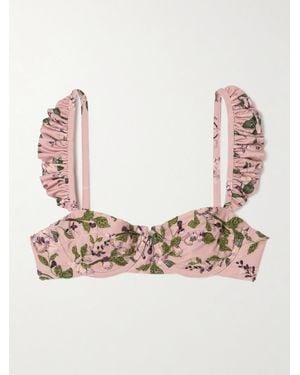 Agua Bendita Kiwi Wisteria Ruffled Embroidered Floral-Print Underwired Recycled Bikini Top - Pink